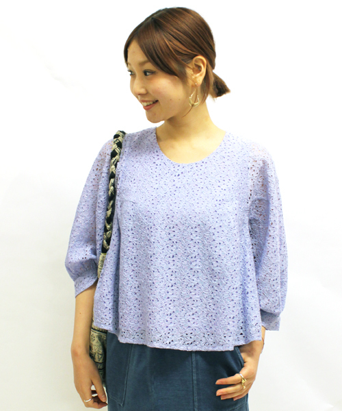 mystic（ミスティック）の「レースバルーン袖ショートプルオーバー（シャツ/ブラウス・レディース・ラベンダー/ベージュ/ブラック/オフホワイト/ネイビー/グリーン・ﾌﾘ-）」の13枚目の写真