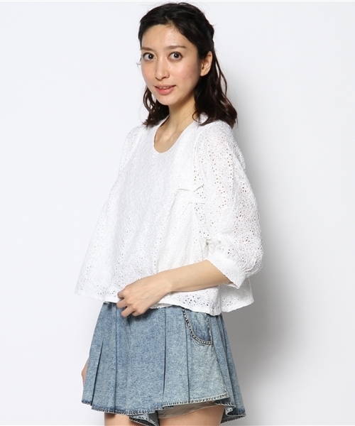 mystic（ミスティック）の「レースバルーン袖ショートプルオーバー（シャツ/ブラウス・レディース・ラベンダー/ベージュ/ブラック/オフホワイト/ネイビー/グリーン・ﾌﾘ-）」の8枚目の写真