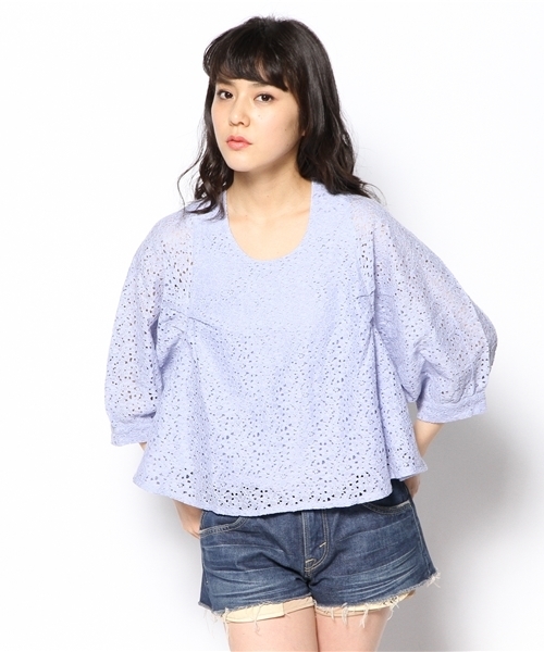 mystic（ミスティック）の「レースバルーン袖ショートプルオーバー（シャツ/ブラウス・レディース・ラベンダー/ベージュ/ブラック/オフホワイト/ネイビー/グリーン・ﾌﾘ-）」の10枚目の写真