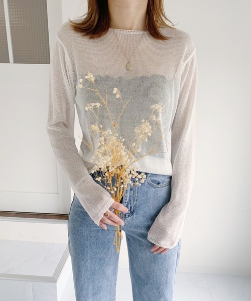 CLEA（クレア）の「シアー ニット ロンTEE（ニット/セーター・レディース・ブラック/ベージュ/アイボリー/ライトピンク/ホワイト・FREE）」の2枚目の写真