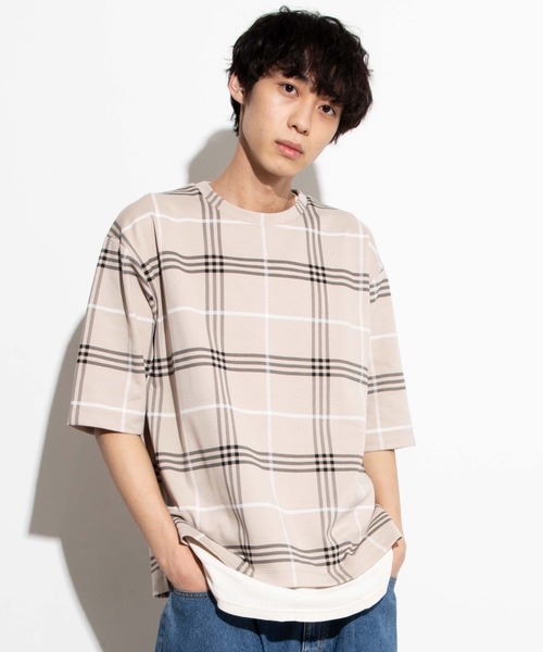 WEGO（ウィゴー）の「WEGO/チェック5分袖プルオーバー（Tシャツ/カットソー・メンズ・グレー系その他2/ブラウン系その他2/ベージュ系その他2・MEDIUM/LARGE）」の3枚目の写真