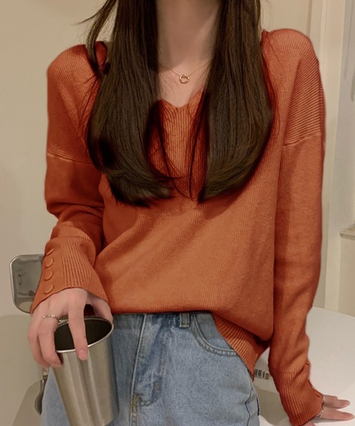 Ulysses（ユリシス）の「リブVネックニット（ニット/セーター・レディース・ホワイト/ブラック/ベージュ/ブラウン/グレー/ピンクベージュ/ブルー/キャメル・フリー）」の7枚目の写真