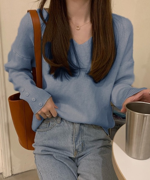 Ulysses（ユリシス）の「リブVネックニット（ニット/セーター・レディース・ホワイト/ブラック/ベージュ/ブラウン/グレー/ピンクベージュ/ブルー/キャメル・フリー）」の6枚目の写真