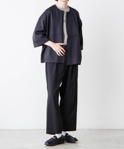 WEGO（ウィゴー）の「WEGO/ノーカラーZIPビッグシルエットシャツ（シャツ/ブラウス・メンズ・グレー系その他/ブラック・LARGE/MEDIUM）」の3枚目の写真