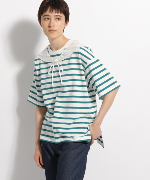 niko and...（ニコアンド）の「付け襟付きボーダービッグプルオーバー（Tシャツ/カットソー・レディース・ネイビー/ベージュ/グリーン・MEDIUM/LARGE）」の3枚目の写真