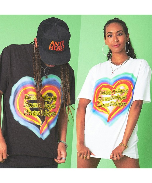 RAZZIS(ラズ)の「『RAZZIS/ラズイズ』レインボーハートプリントクルーネック半袖ビッグTシャツ (Tシャツ/カットソー・メンズ・チャコール/ホワイト・L/XL/M)」の3枚目の写真