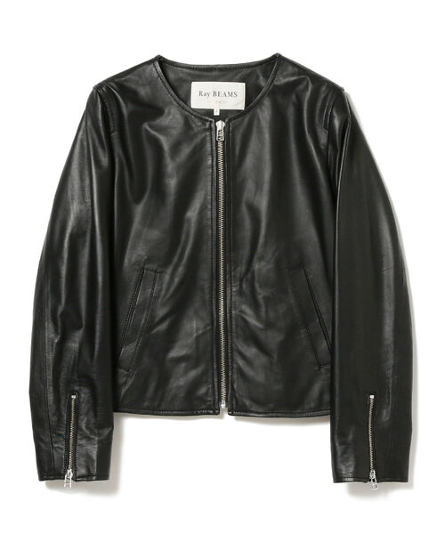 Ray BEAMS(レイビームス)の「Ray BEAMS / ラムレザー ノーカラー ブルゾン(ノーカラージャケット・レディース・ブラック/ダークブラウン・1/0)」の6枚目の写真