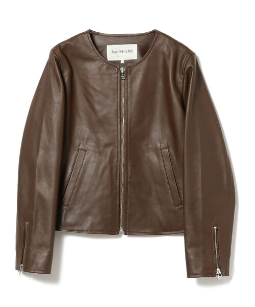 Ray BEAMS(レイビームス)の「Ray BEAMS / ラムレザー ノーカラー ブルゾン(ノーカラージャケット・レディース・ブラック/ダークブラウン・1/0)」の12枚目の写真