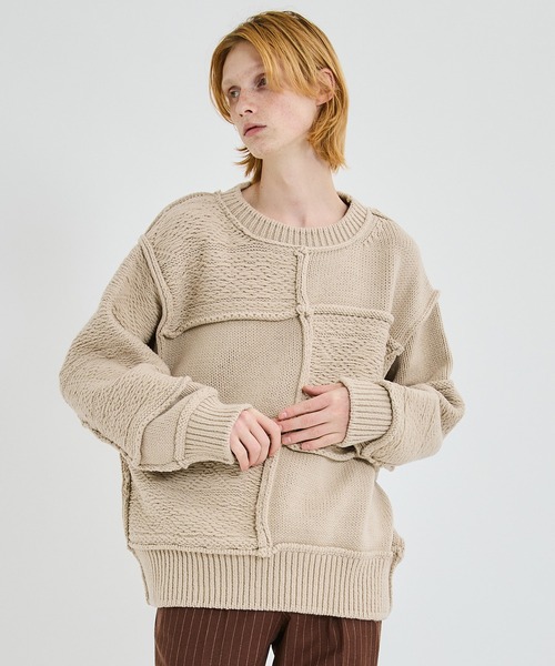 Name.（ネーム）の「PATCHWORK KNIT SWEATER（ニット/セーター・メンズ・ベージュ/ネイビー・1）」の2枚目の写真