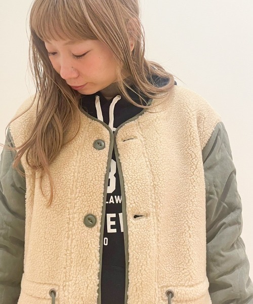 ALL ORDINARIES(オールオーディナリーズ)の「キルティングボアリバーシブルコート(ノーカラーコート・レディース・ブラック/オリーブ・F)」の10枚目の写真