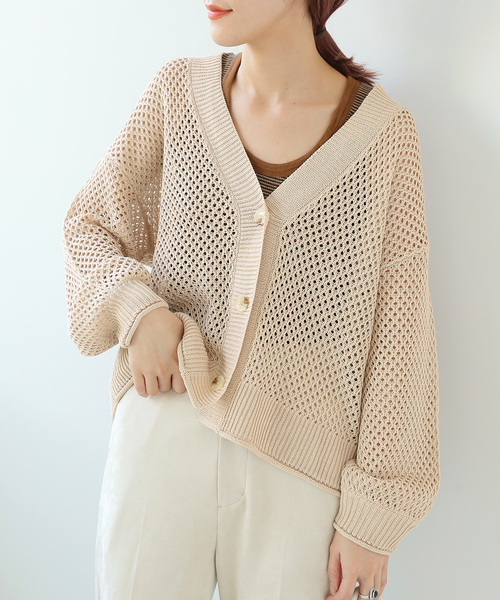 Simplicite（サンプリシテ）の「メッシュニットVカーディガン◆（カーディガン/ボレロ・レディース・ブラック/ベージュ/グリーン・FREE）」の2枚目の写真