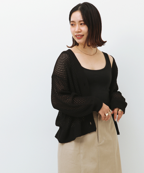 Simplicite（サンプリシテ）の「メッシュニットVカーディガン◆（カーディガン/ボレロ・レディース・ブラック/ベージュ/グリーン・FREE）」の5枚目の写真