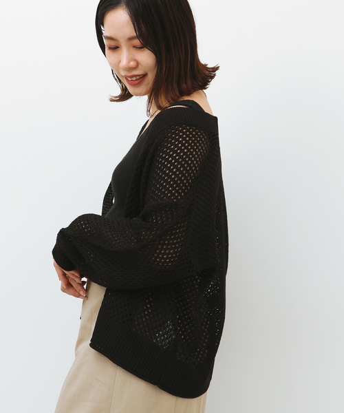 Simplicite（サンプリシテ）の「メッシュニットVカーディガン◆（カーディガン/ボレロ・レディース・ブラック/ベージュ/グリーン・FREE）」の7枚目の写真