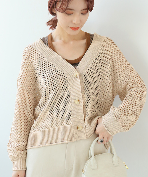 Simplicite（サンプリシテ）の「メッシュニットVカーディガン◆（カーディガン/ボレロ・レディース・ブラック/ベージュ/グリーン・FREE）」の9枚目の写真