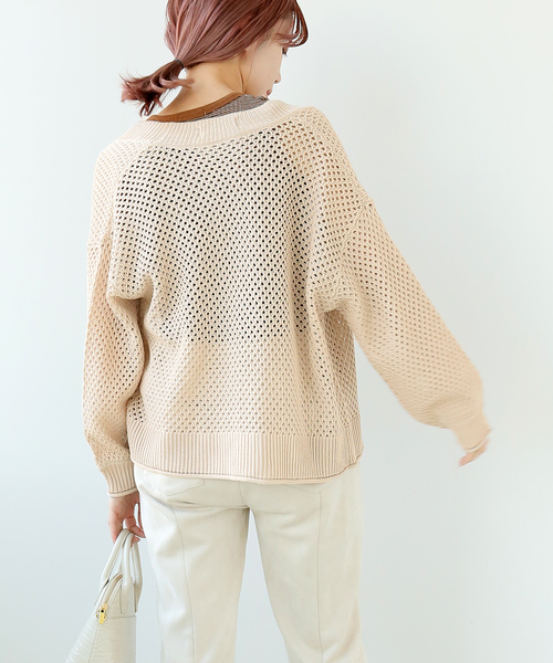 Simplicite（サンプリシテ）の「メッシュニットVカーディガン◆（カーディガン/ボレロ・レディース・ブラック/ベージュ/グリーン・FREE）」の12枚目の写真