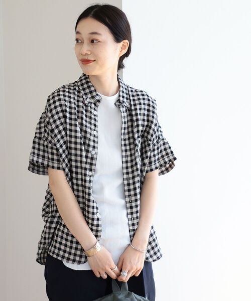 BEAMS BOY（ビームスボーイ）の「BEAMS BOY / リネン チェック ボタンダウン シャツ（シャツ/ブラウス・レディース・ピンク/ダークグリーン/ブラック・ONE SIZE）」の8枚目の写真