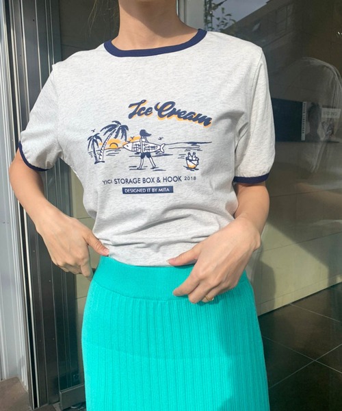 lala Born（ララボーン）の「イラストリンガーTシャツ（Tシャツ/カットソー・レディース・グレー・FREE）」の6枚目の写真