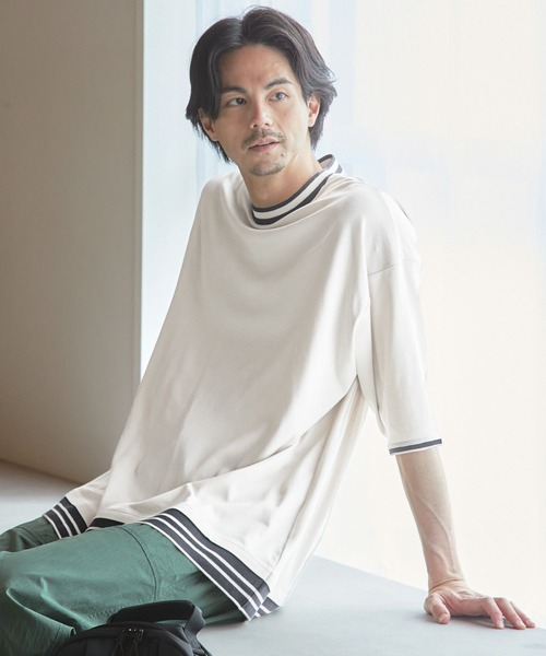 niko and...(ニコアンド)の「レイヤード風リブ使いTシャツ(Tシャツ/カットソー・メンズ・ブラック/ベージュ/グリーン・MEDIUM/LARGE)」の1枚目の写真