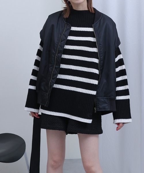 ボーダーハイネックニット