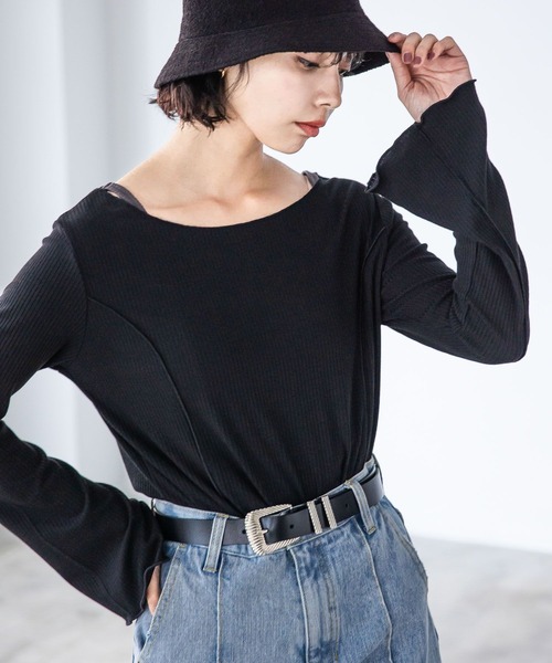 PAGEBOY（ページボーイ）の「ボートネックテレコプルオーバー（Tシャツ/カットソー・レディース・ブラック/オフホワイト/ブルー・FREE）」の4枚目の写真