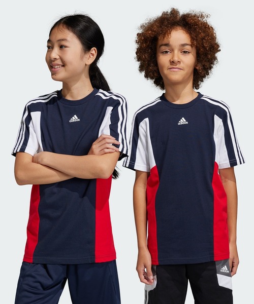 adidas(アディダス)の「カラーブロック スリーストライプス レギュラーフィット 半袖Tシャツ / アディダス adidas(Tシャツ/カットソー・キッズ・ブルー/ネイビー/ブラック・130/140/150/160)」の1枚目の写真