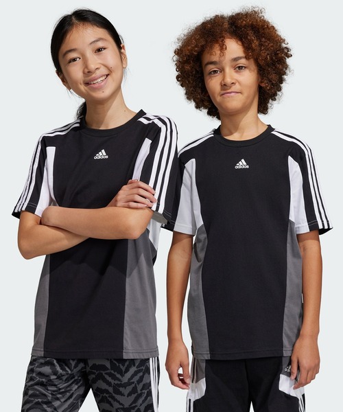 adidas(アディダス)の「カラーブロック スリーストライプス レギュラーフィット 半袖Tシャツ / アディダス adidas(Tシャツ/カットソー・キッズ・ブルー/ネイビー/ブラック・130/140/150/160)」の2枚目の写真