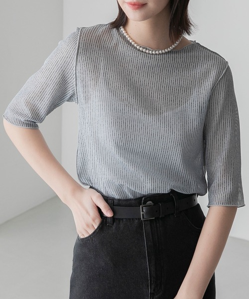 BONLECILL(ボンルシール)の「シアーストライプ半袖メローインナープルオーバー(Tシャツ/カットソー・レディース・チャコールグレー/グレー/ベージュ/ブルー・FREE)」の3枚目の写真