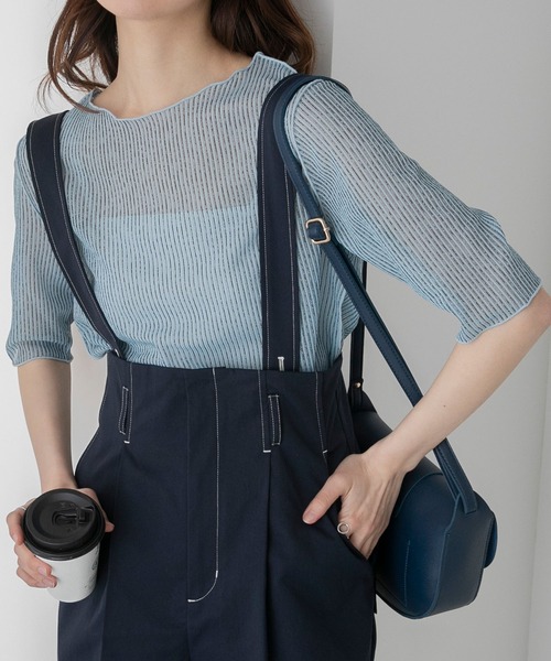 BONLECILL(ボンルシール)の「シアーストライプ半袖メローインナープルオーバー(Tシャツ/カットソー・レディース・チャコールグレー/グレー/ベージュ/ブルー・FREE)」の4枚目の写真