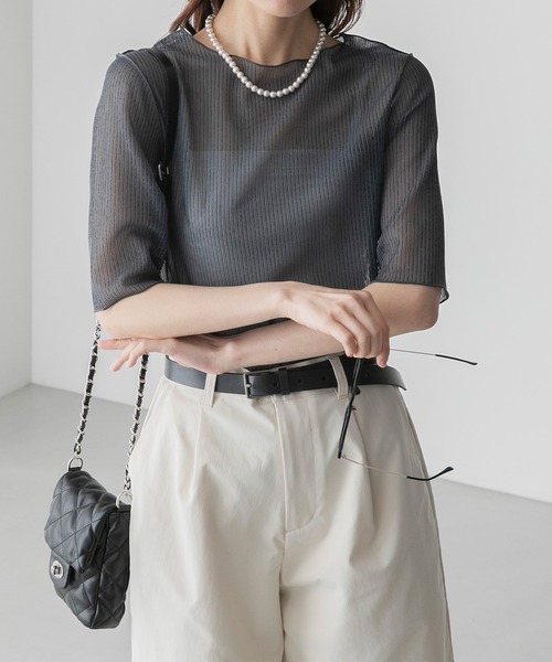 BONLECILL(ボンルシール)の「シアーストライプ半袖メローインナープルオーバー(Tシャツ/カットソー・レディース・チャコールグレー/グレー/ベージュ/ブルー・FREE)」の7枚目の写真