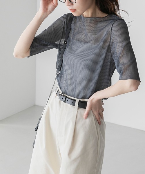 BONLECILL(ボンルシール)の「シアーストライプ半袖メローインナープルオーバー(Tシャツ/カットソー・レディース・チャコールグレー/グレー/ベージュ/ブルー・FREE)」の8枚目の写真