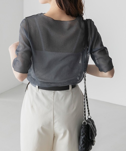 BONLECILL(ボンルシール)の「シアーストライプ半袖メローインナープルオーバー(Tシャツ/カットソー・レディース・チャコールグレー/グレー/ベージュ/ブルー・FREE)」の9枚目の写真