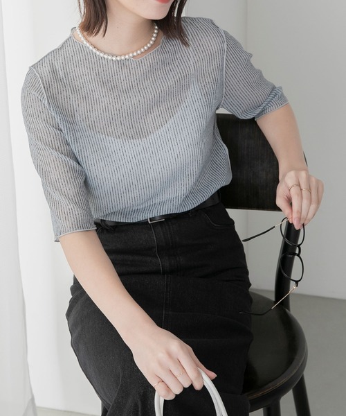 BONLECILL(ボンルシール)の「シアーストライプ半袖メローインナープルオーバー(Tシャツ/カットソー・レディース・チャコールグレー/グレー/ベージュ/ブルー・FREE)」の13枚目の写真