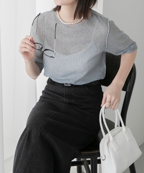 BONLECILL(ボンルシール)の「シアーストライプ半袖メローインナープルオーバー(Tシャツ/カットソー・レディース・チャコールグレー/グレー/ベージュ/ブルー・FREE)」の14枚目の写真