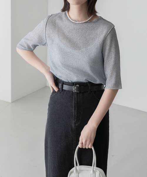 BONLECILL(ボンルシール)の「シアーストライプ半袖メローインナープルオーバー(Tシャツ/カットソー・レディース・チャコールグレー/グレー/ベージュ/ブルー・FREE)」の15枚目の写真