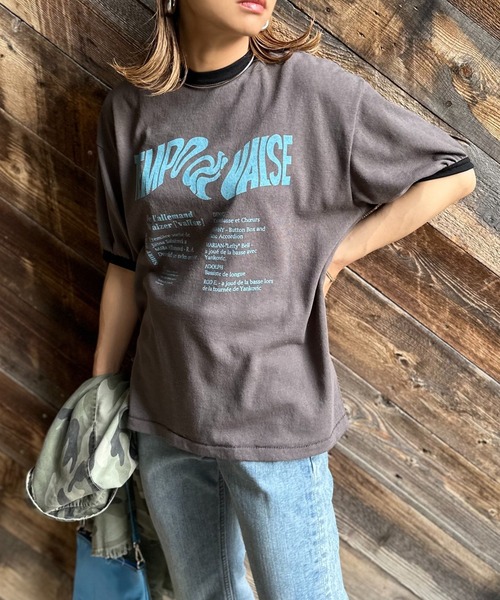 mi via loca（ミヴィアロカ）の「リネンライクスラブ天竺 Vintageロゴ リンガーTシャツ（Tシャツ/カットソー・レディース・ナチュラル/グレイッシュブルー/スミクロ/オフホワイト/チャコールグレー・FREE）」の4枚目の写真