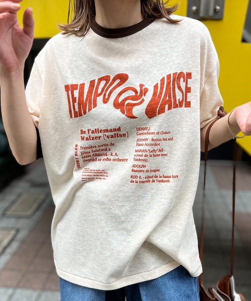 mi via loca（ミヴィアロカ）の「リネンライクスラブ天竺 Vintageロゴ リンガーTシャツ（Tシャツ/カットソー・レディース・ナチュラル/グレイッシュブルー/スミクロ/オフホワイト/チャコールグレー・FREE）」の6枚目の写真