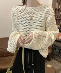透かし編みメッシュボートネックニットプルオーバー