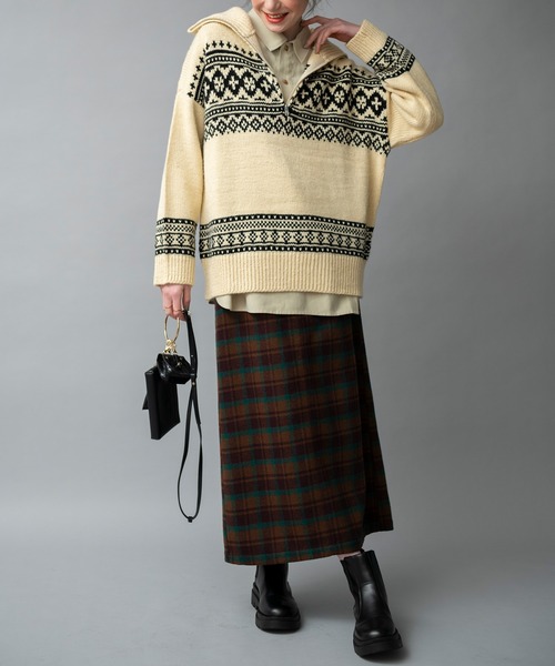 COMMRE（コムル）の「ハーフジップカウチンジャガードニットプルオーバー（ニット/セーター・レディース・ブラック/アイボリー・FREE）」の14枚目の写真