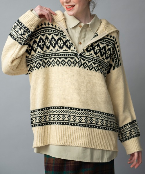 COMMRE（コムル）の「ハーフジップカウチンジャガードニットプルオーバー（ニット/セーター・レディース・ブラック/アイボリー・FREE）」の7枚目の写真