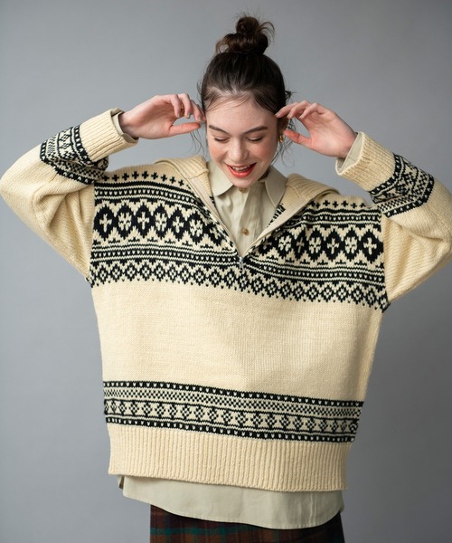 COMMRE（コムル）の「ハーフジップカウチンジャガードニットプルオーバー（ニット/セーター・レディース・ブラック/アイボリー・FREE）」の5枚目の写真