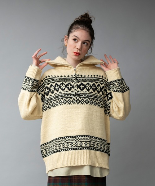 COMMRE（コムル）の「ハーフジップカウチンジャガードニットプルオーバー（ニット/セーター・レディース・ブラック/アイボリー・FREE）」の6枚目の写真