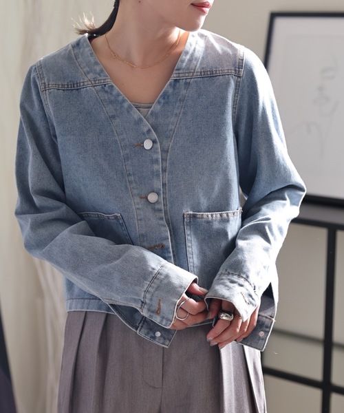 ULEULA（ウルア）の「Vネックノーカラーデニムジャケット