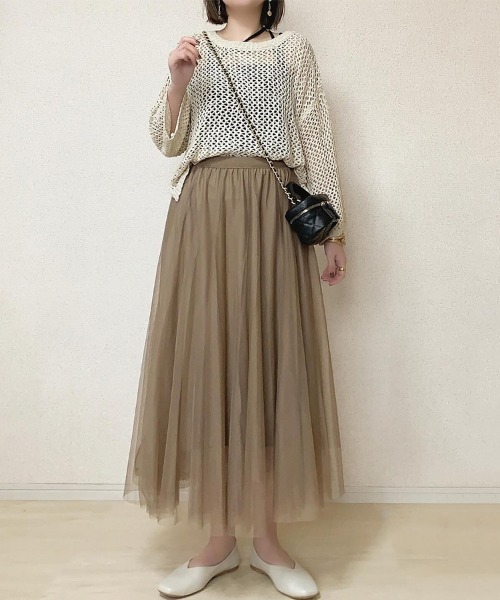 SEU（エスイーユー）の「ふわっと愛らしく。チュールロングスカート（スカート・レディース・ブラック/ピンク/ベージュ/モカ/グレー・M）」の7枚目の写真