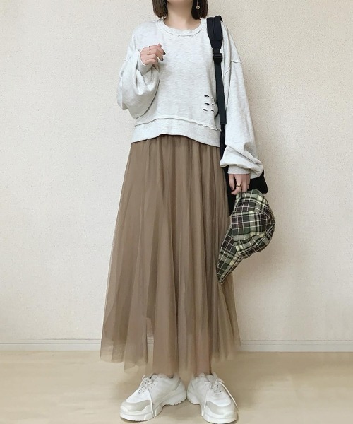 SEU（エスイーユー）の「ふわっと愛らしく。チュールロングスカート（スカート・レディース・ブラック/ピンク/ベージュ/モカ/グレー・M）」の8枚目の写真