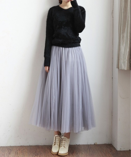 SEU（エスイーユー）の「ふわっと愛らしく。チュールロングスカート（スカート・レディース・ブラック/ピンク/ベージュ/モカ/グレー・M）」の15枚目の写真