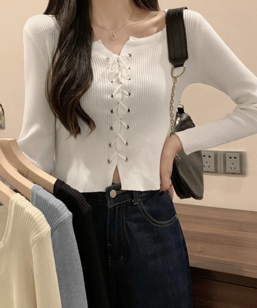 Miniministore(ミニミニストア)の「ニットトップス フロントレースアップ秋服(ニット/セーター・レディース・ベージュ/グレー/ブラック/ホワイト・FREE)」の5枚目の写真