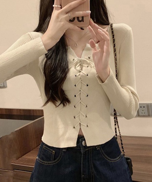 セール】ニットトップス フロントレースアップ秋服（ニット/セーター