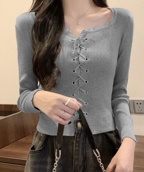 meltthelady サイドレースアップニットトップス セール】ニットトップス フロントレースアップ秋服（ニット