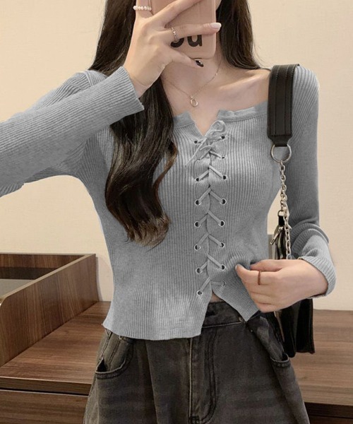Miniministore(ミニミニストア)の「ニットトップス フロントレースアップ秋服(ニット/セーター・レディース・ベージュ/グレー/ブラック/ホワイト・FREE)」の14枚目の写真