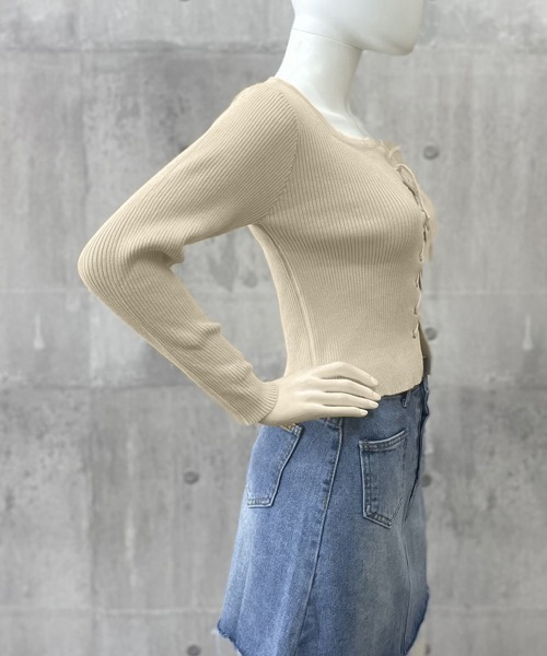 セール】ニットトップス フロントレースアップ秋服（ニット